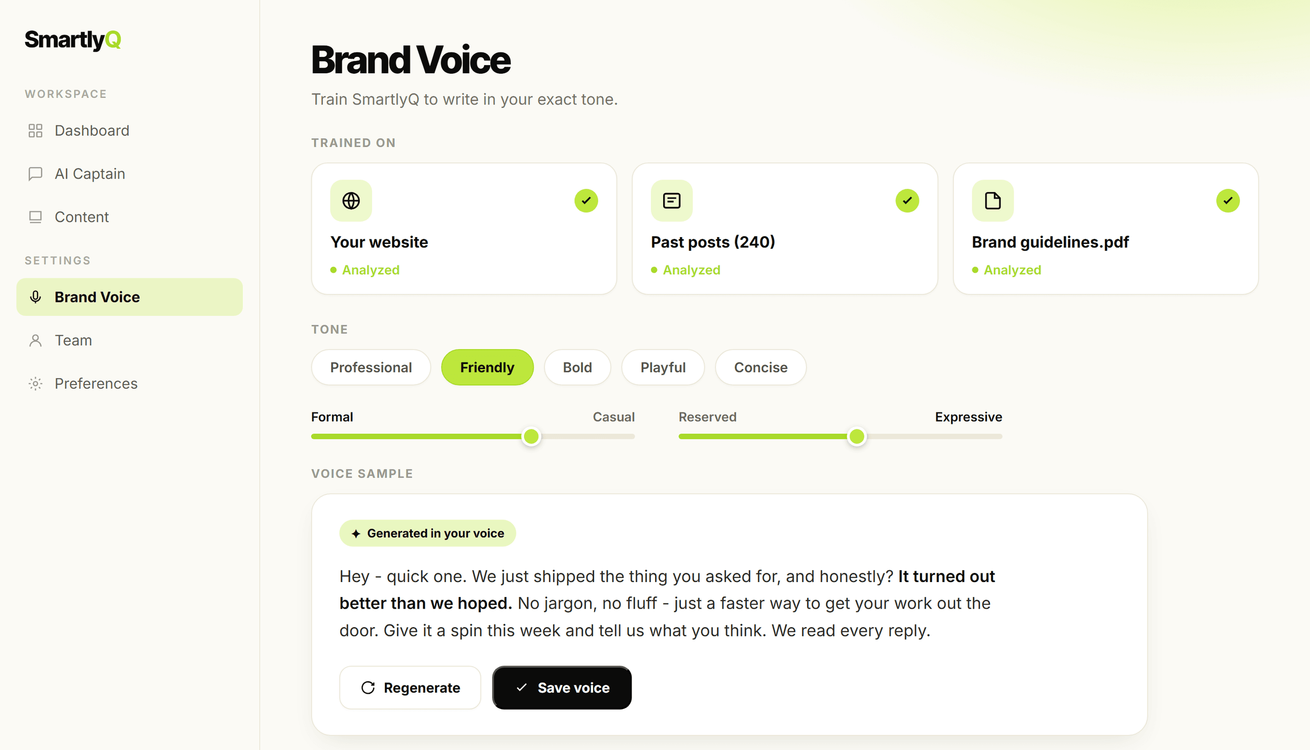 SmartlyQ Brand Voice settings