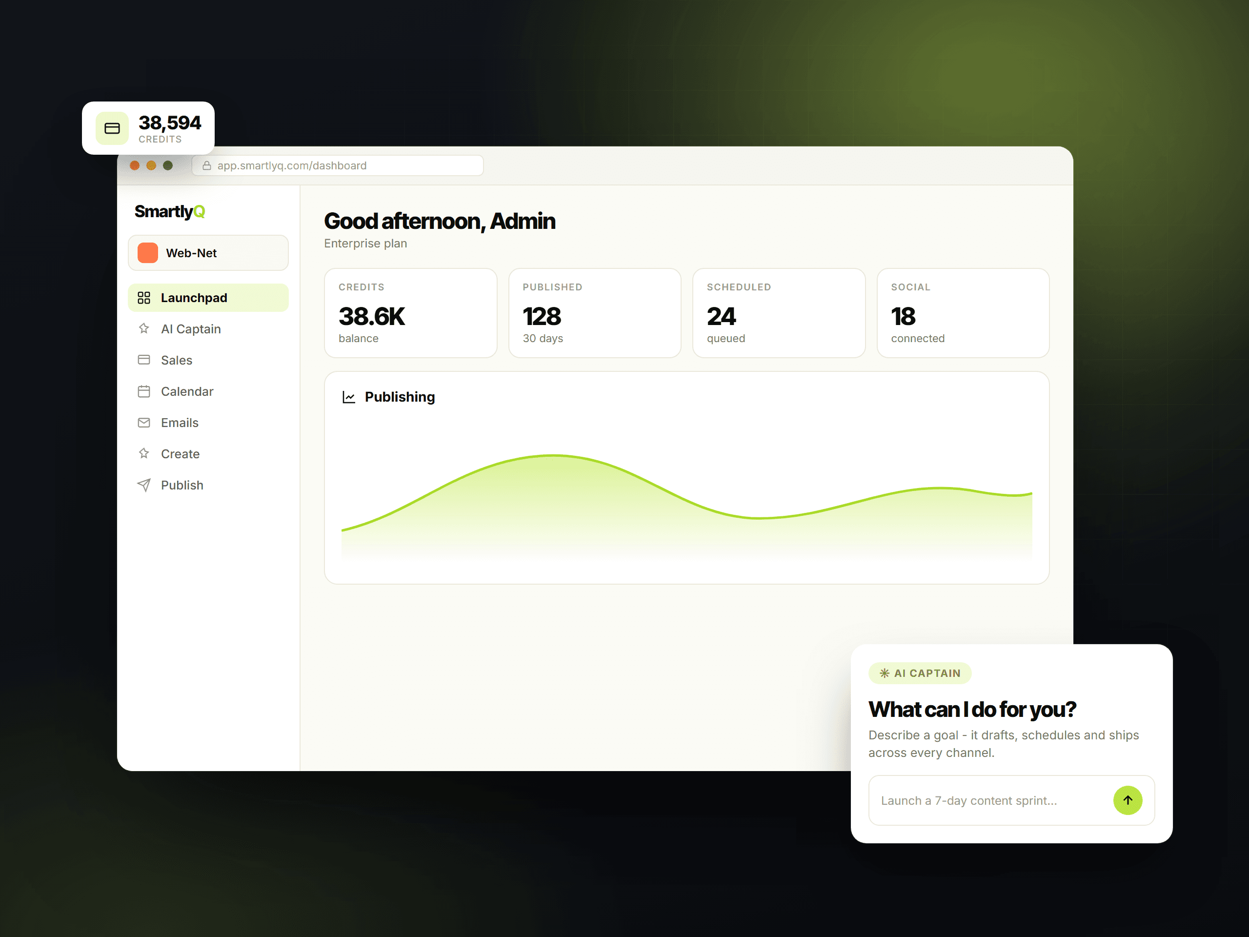 SmartlyQ dashboard - content, ads, CRM and the AI Captain in one workspace